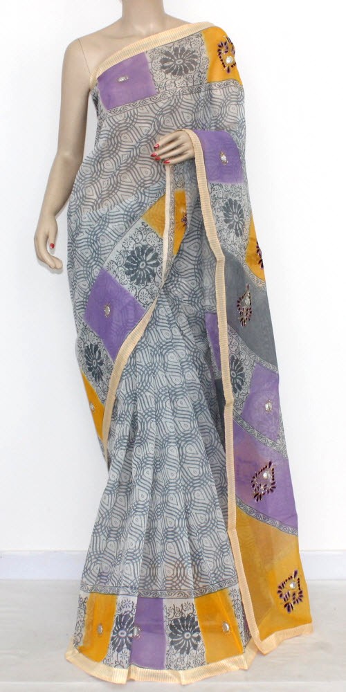 Yellow-Purple Printed Kora Art Silk Saree with Blouse 16156
