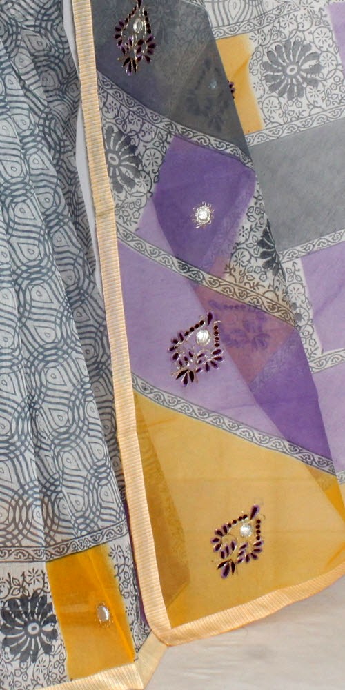 Yellow-Purple Printed Kora Art Silk Saree with Blouse 16156