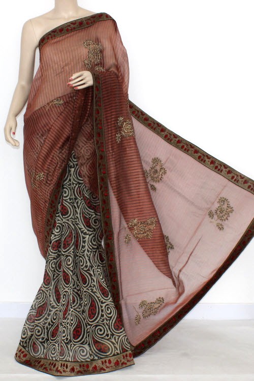 Brown Kora Art Silk Printed Saree with Blouse