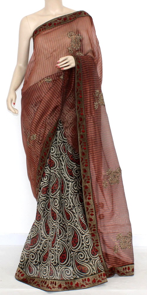 Brown Kora Art Silk Printed Saree with Blouse