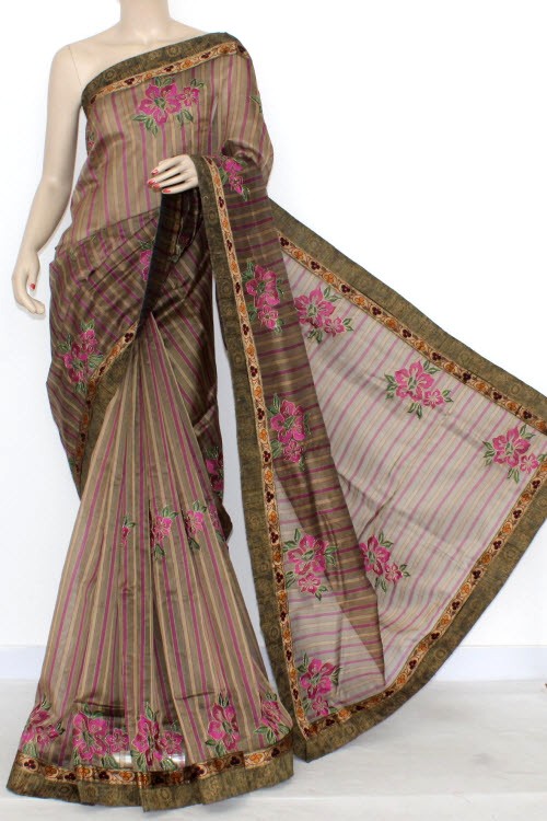 Brown Embroidered Kora Art Silk Saree with Blouse