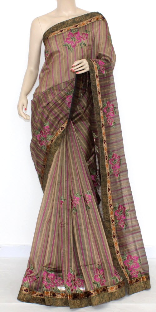 Brown Embroidered Kora Art Silk Saree with Blouse