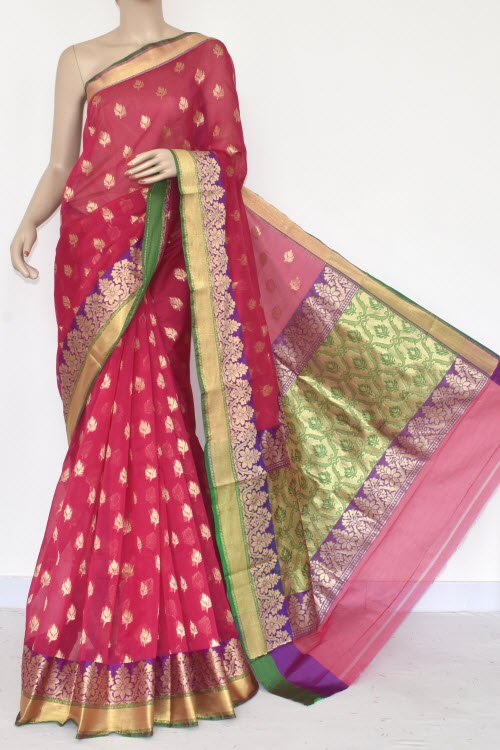 Red Handloom Banarasi Kora Cotton Saree 16209