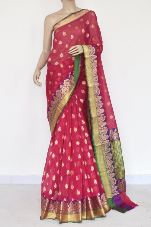 Red Handloom Banarasi Kora Cotton Saree 16209