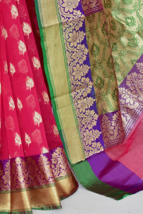 Red Handloom Banarasi Kora Cotton Saree 16209