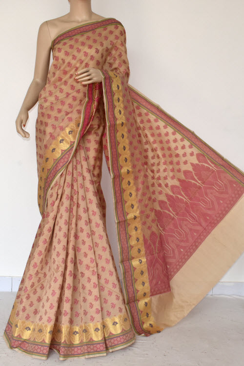 Fawn Handloom Banarasi Kora Cotton Saree with Blouse 16214