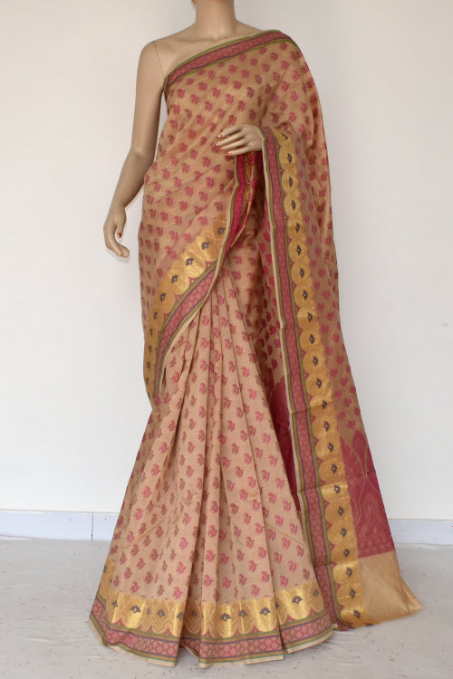 Fawn Handloom Banarasi Kora Cotton Saree with Blouse 16214
