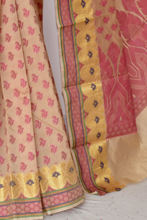 Fawn Handloom Banarasi Kora Cotton Saree with Blouse 16214