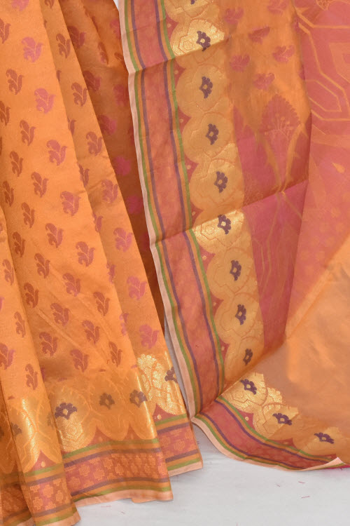 Mustard Yellow Handloom Banarasi Kora Cotton Saree with Blouse 16217