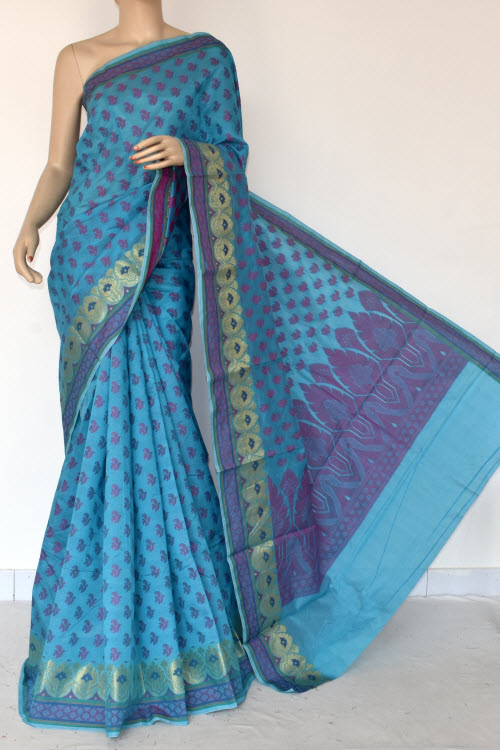 Pherozi Blue Handloom Banarasi Kora Cotton Saree with Blouse 16218