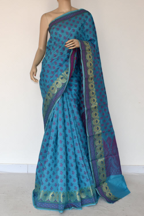 Pherozi Blue Handloom Banarasi Kora Cotton Saree with Blouse 16218