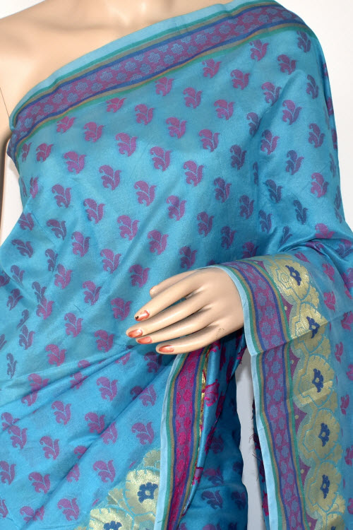 Pherozi Blue Handloom Banarasi Kora Cotton Saree with Blouse 16218