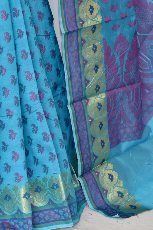 Pherozi Blue Handloom Banarasi Kora Cotton Saree with Blouse 16218