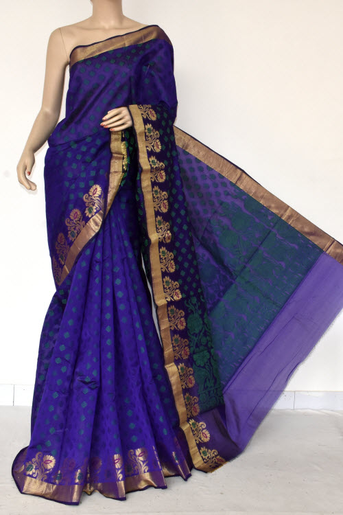 Blue Handloom Banarasi Kora Cotton Saree with Blouse 16220