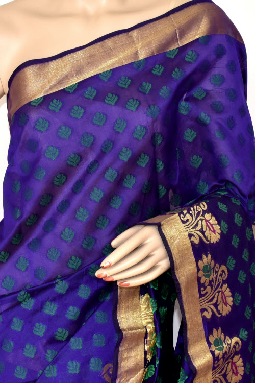 Blue Handloom Banarasi Kora Cotton Saree with Blouse 16220