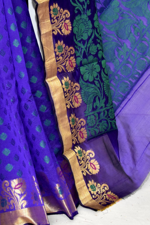 Blue Handloom Banarasi Kora Cotton Saree with Blouse 16220