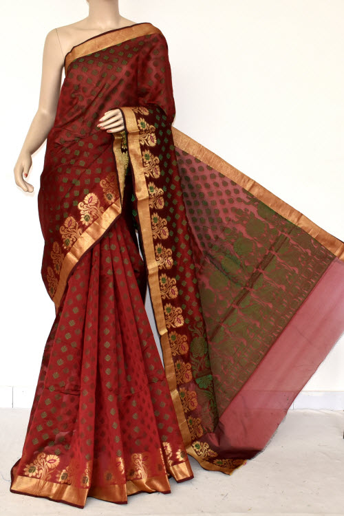 Maroon Handloom Banarasi Kora Cotton Saree with Blouse 16221