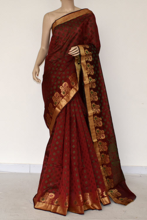 Maroon Handloom Banarasi Kora Cotton Saree with Blouse 16221