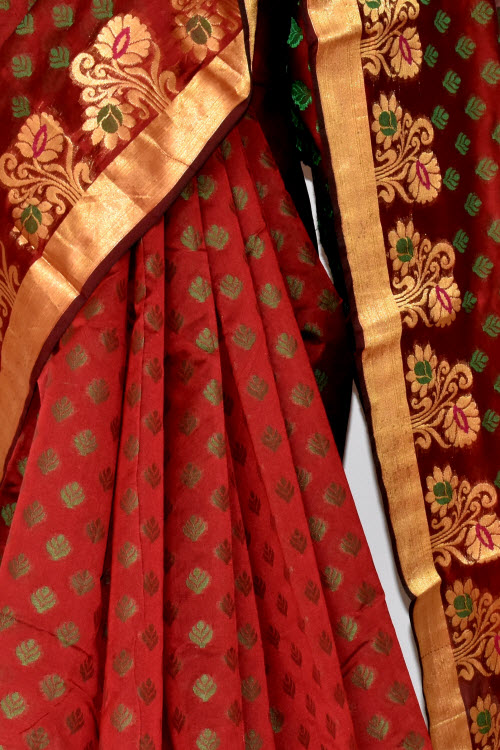 Maroon Handloom Banarasi Kora Cotton Saree with Blouse 16221