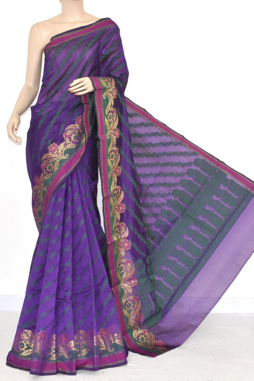 Navy Blue Handloom Banarasi Kora Cotton Saree with Blouse 16222