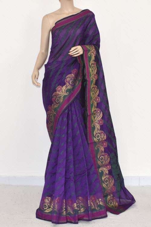 Navy Blue Handloom Banarasi Kora Cotton Saree with Blouse 16222