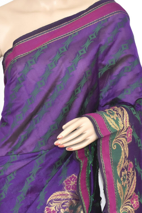 Navy Blue Handloom Banarasi Kora Cotton Saree with Blouse 16222