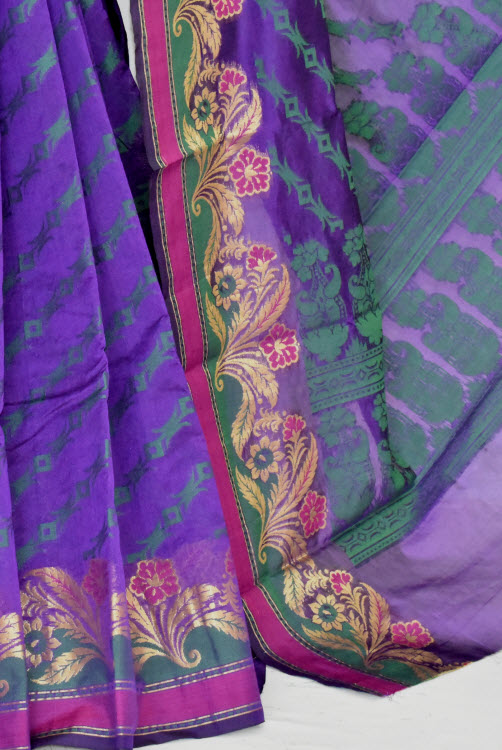 Navy Blue Handloom Banarasi Kora Cotton Saree with Blouse 16222