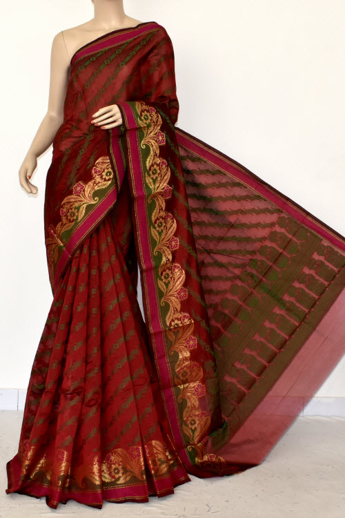 Maroon Handloom Banarasi Kora Cotton Saree with Blouse 16223