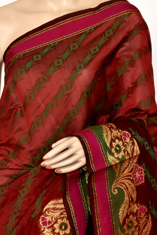 Maroon Handloom Banarasi Kora Cotton Saree with Blouse 16223
