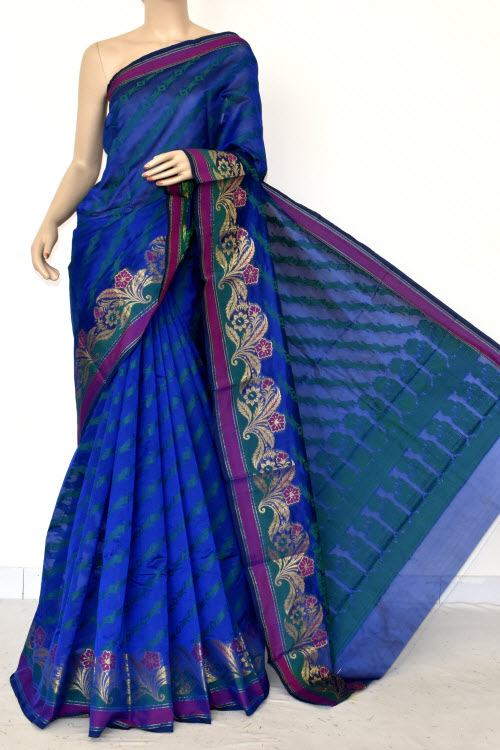 Royal Blue Handloom Banarasi Kora Cotton Saree with Blouse 16224