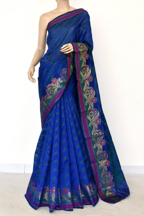 Royal Blue Handloom Banarasi Kora Cotton Saree with Blouse 16224