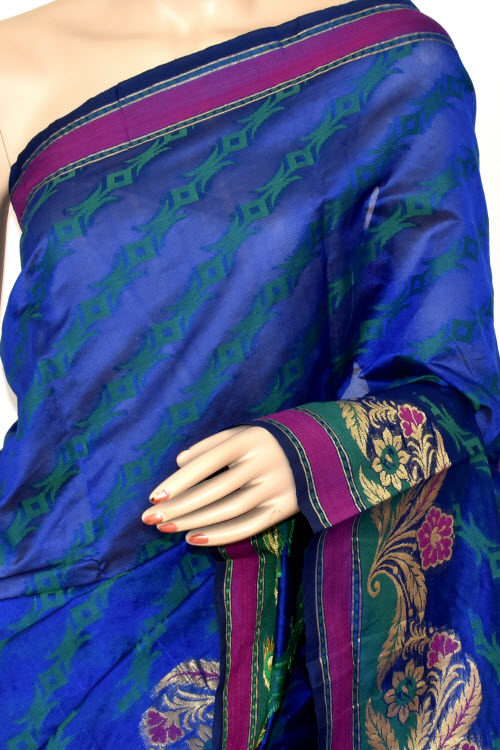 Royal Blue Handloom Banarasi Kora Cotton Saree with Blouse 16224