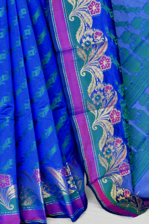 Royal Blue Handloom Banarasi Kora Cotton Saree with Blouse 16224