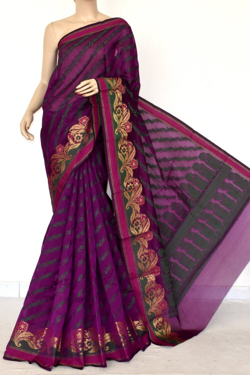 Magenta Handloom Banarasi Kora Cotton Saree with Blouse 16225