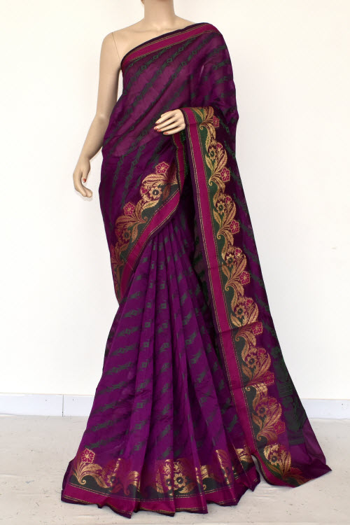 Magenta Handloom Banarasi Kora Cotton Saree with Blouse 16225