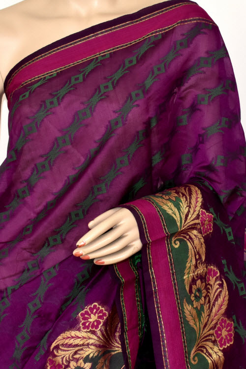 Magenta Handloom Banarasi Kora Cotton Saree with Blouse 16225