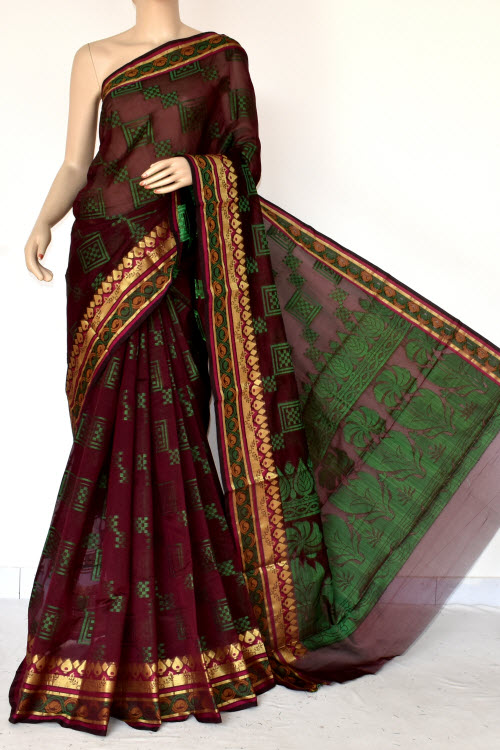 Maroon Handloom Banarasi Kora Cotton Saree with Blouse 16226
