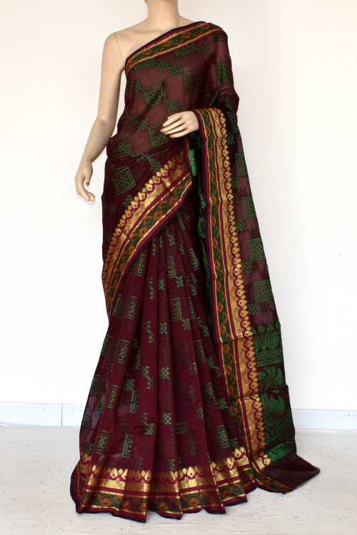 Maroon Handloom Banarasi Kora Cotton Saree with Blouse 16226