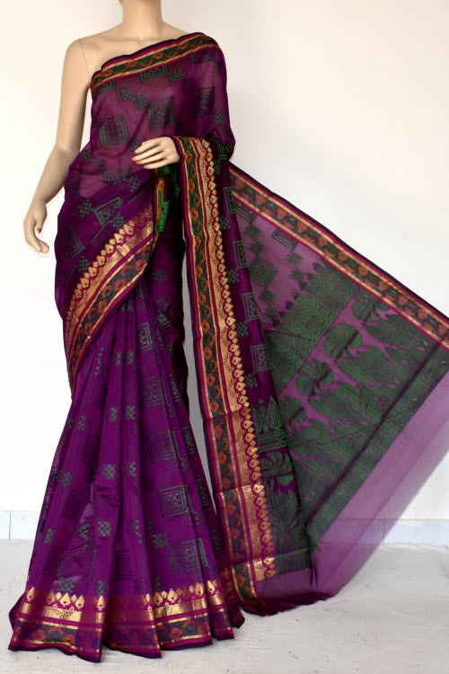 Magenta Handloom Banarasi Kora Cotton Saree with Blouse 16228
