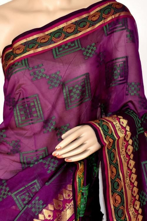 Magenta Handloom Banarasi Kora Cotton Saree with Blouse 16228