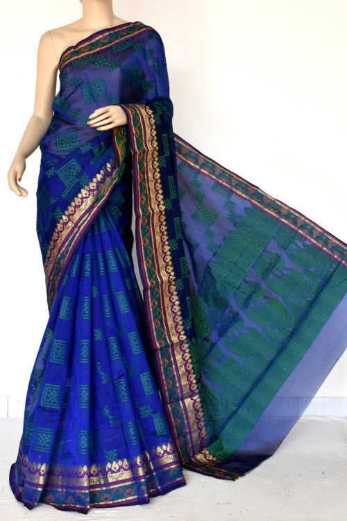 Royal Blue Handloom Banarasi Kora Cotton Saree with Blouse 16229