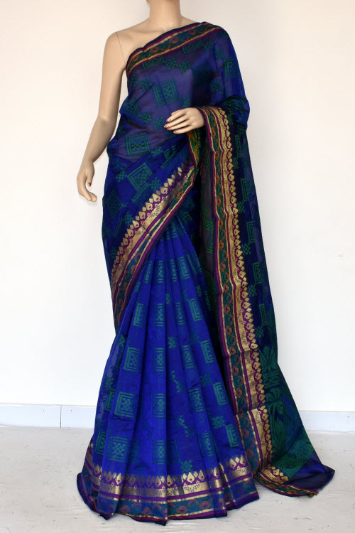 Royal Blue Handloom Banarasi Kora Cotton Saree with Blouse 16229
