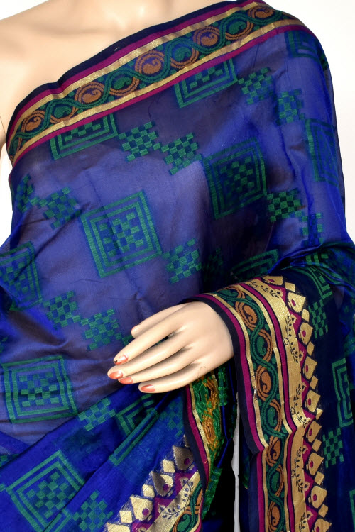 Royal Blue Handloom Banarasi Kora Cotton Saree with Blouse 16229
