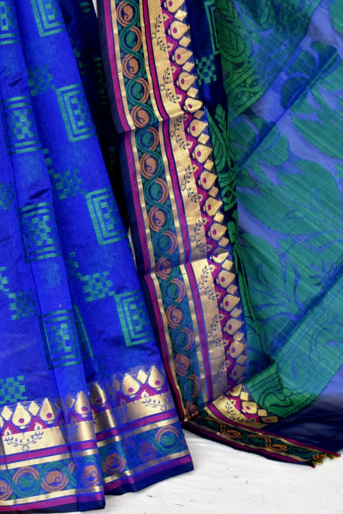 Royal Blue Handloom Banarasi Kora Cotton Saree with Blouse 16229