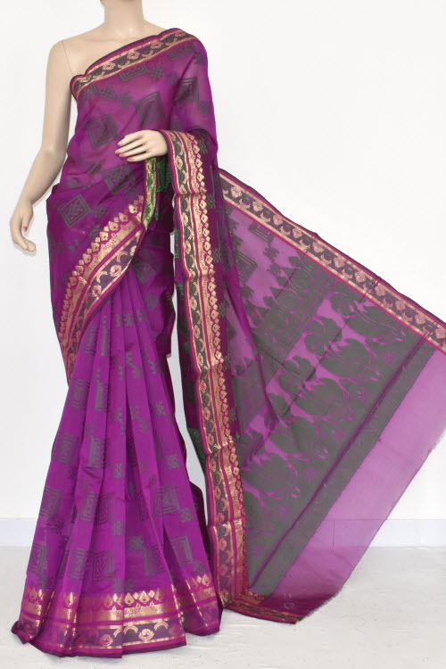 Magenta Handloom Banarasi Kora Cotton Saree with Blouse 16230