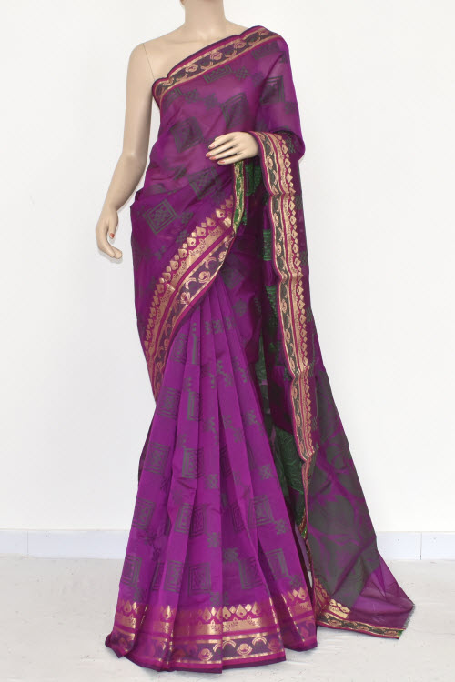 Magenta Handloom Banarasi Kora Cotton Saree with Blouse 16230
