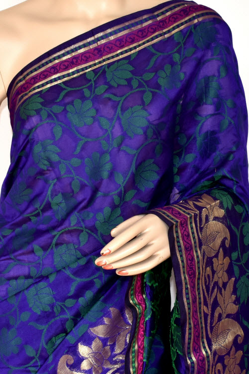 Blue Handloom Banarasi Kora Cotton Saree with Blouse 16231