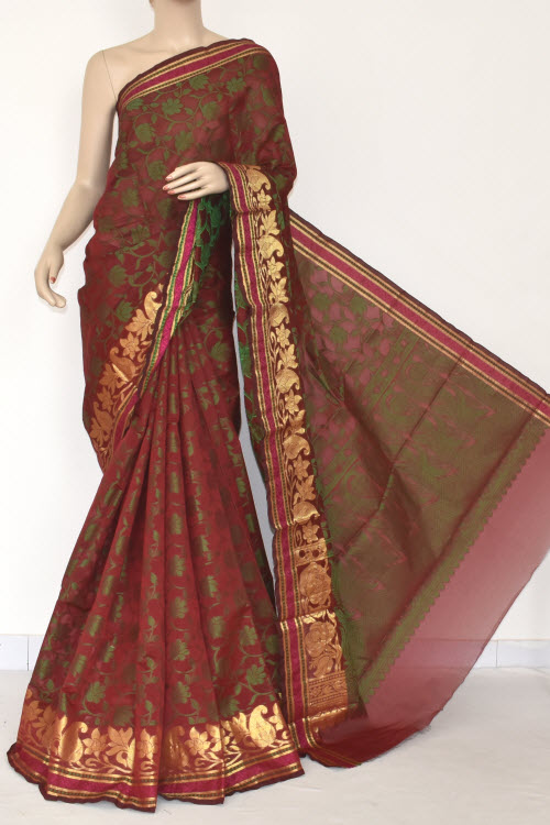 Maroon Handloom Banarasi Kora Cotton Saree with Blouse 16233