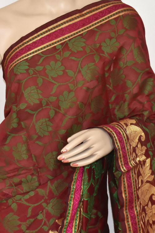 Maroon Handloom Banarasi Kora Cotton Saree with Blouse 16233