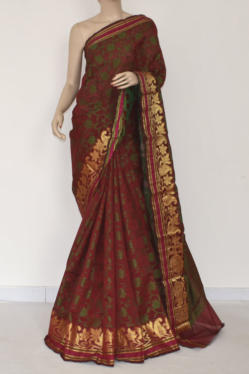 Maroon Handloom Banarasi Kora Cotton Saree with Blouse 16233